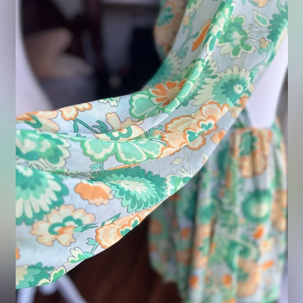 ASOS Green Orange Floral Open Back Smocked Mini Dress 70s Retro 4